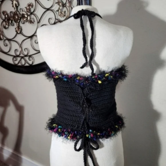 HANDCRAFTED Top Corsetted Cropped Crochet Black Size M - Picture 4 of 13